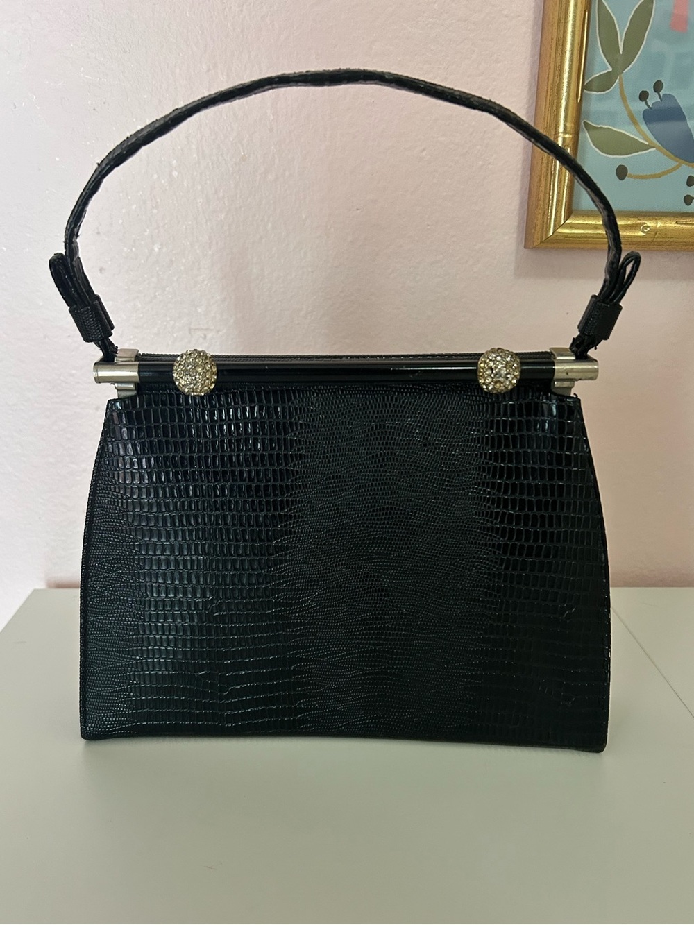 Vintage After Five Black Lizard Embossed Doctor Bag Purse Rhinestone Clasp Faill